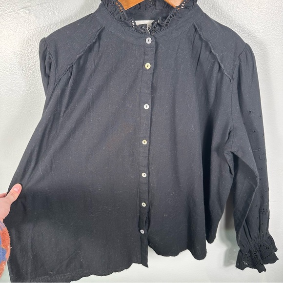 Ba&sh Black Cotton Ruffle Neckline Lady Shirt Size 6 Sophisticated Cottagecore - Picture 4 of 14
